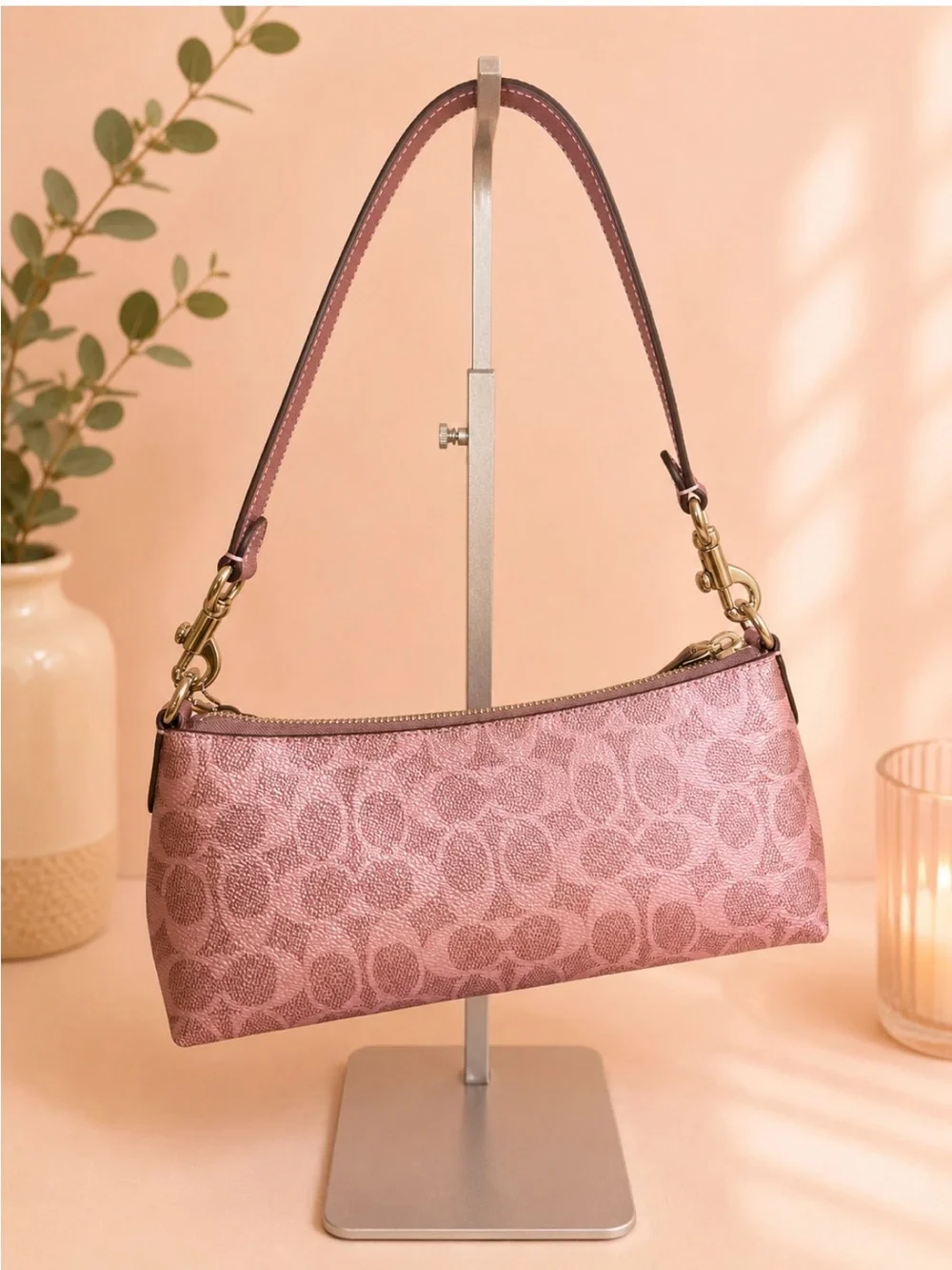 COACH Signature Jacquard Shoulder Bag in metallic pink
